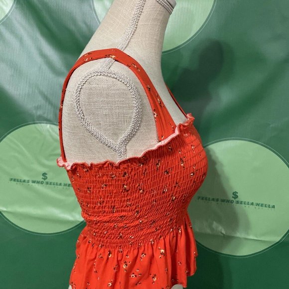 URBAN OUTFITTERS sleeveless smocked cropped ditsy top in ORANGE FLORAL sz S-VGUC - Picture 7 of 9